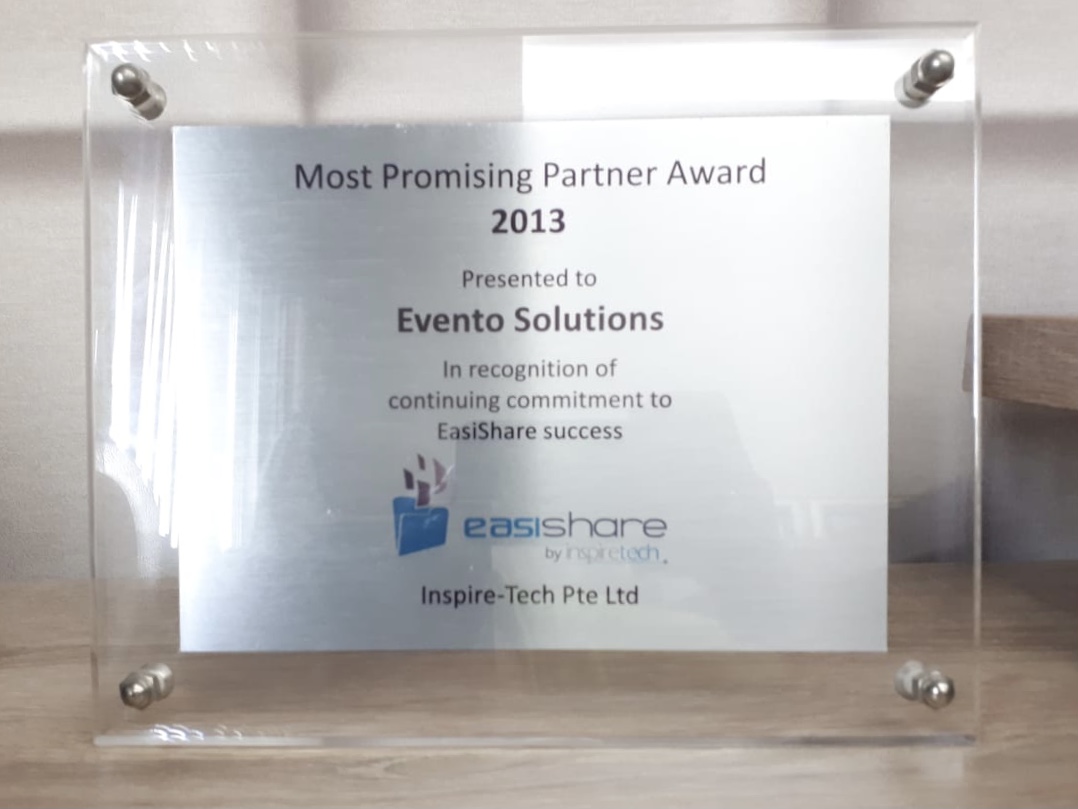 Most promising partner award 2013 - Evento Smart Solutions
